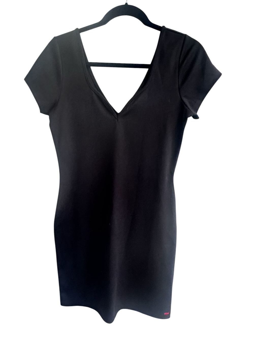CASTRO Black Minimalist V Neck Shift Dress Stretch Knit sz M